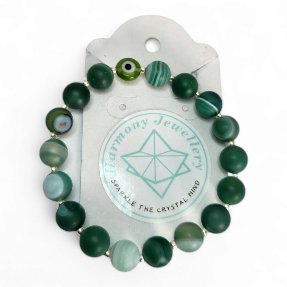 8 mm Matte Green Agate Evil Eye charm bracelet